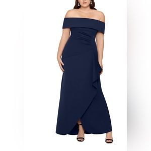 Xscape Navy Off-Shoulder Gown